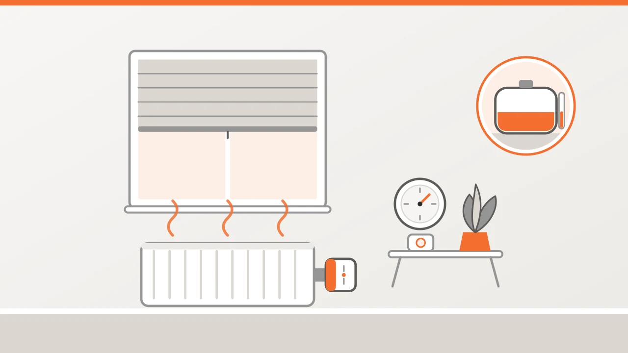 Illustration: Heizkörper mit Thermostat unter einem Fenster mit Rollladen, daneben Raumthermometer und ein Heizöltank mit Füllstandsanzeige.